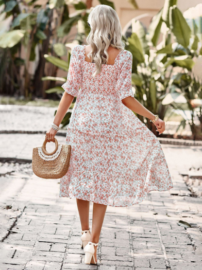 Puff Sleeve Narrow Waist Large Skirt Floral Print Dress-chiquechics