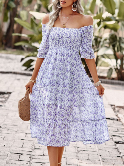 Puff Sleeve Narrow Waist Large Skirt Floral Print Dress-chiquechics