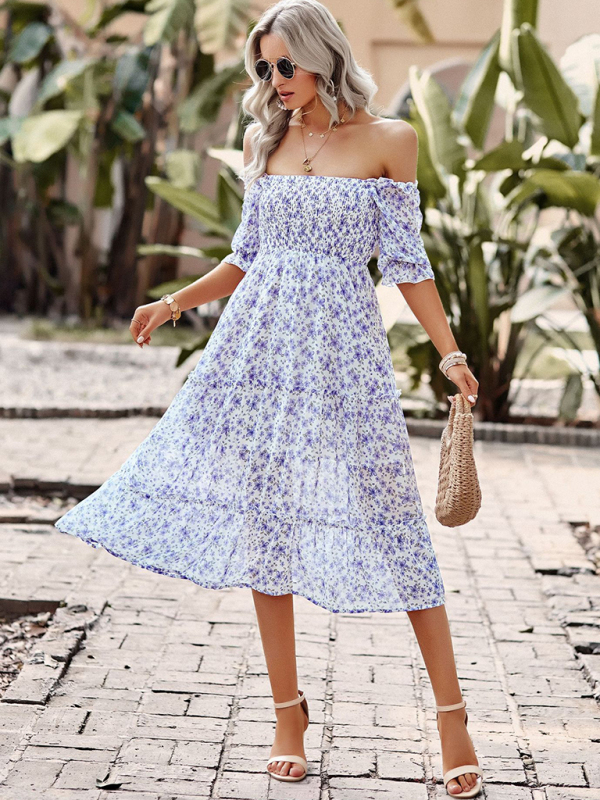 Puff Sleeve Narrow Waist Large Skirt Floral Print Dress-chiquechics