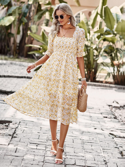 Puff Sleeve Narrow Waist Large Skirt Floral Print Dress-chiquechics