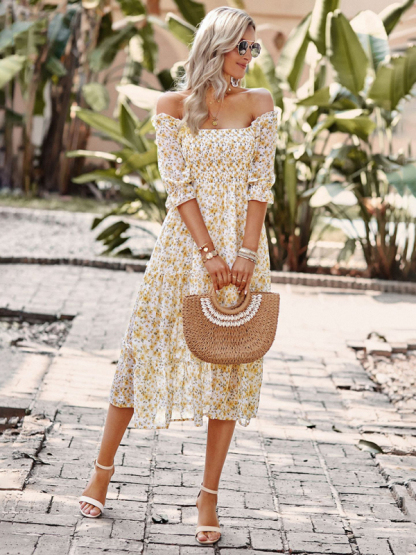 Puff Sleeve Narrow Waist Large Skirt Floral Print Dress-chiquechics