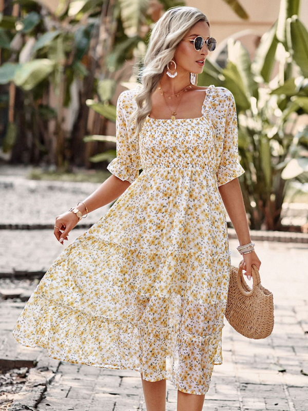 Puff Sleeve Narrow Waist Large Skirt Floral Print Dress-chiquechics