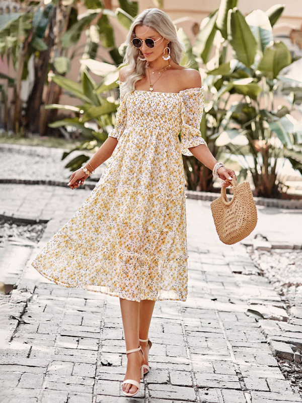 Puff Sleeve Narrow Waist Large Skirt Floral Print Dress-chiquechics