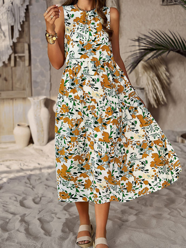Spring and summer halter neck loose holiday multi-layer print dress-chiquechics