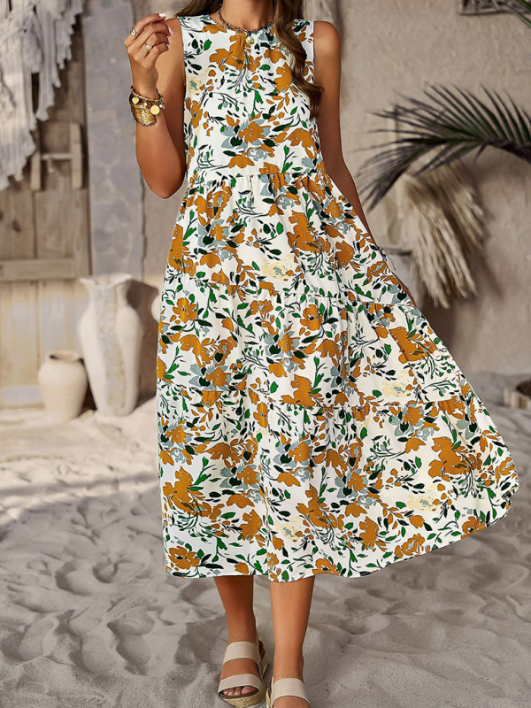 Spring and summer halter neck loose holiday multi-layer print dress-chiquechics