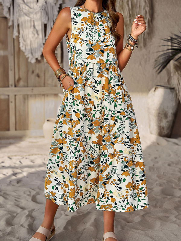 Spring and summer halter neck loose holiday multi-layer print dress-chiquechics