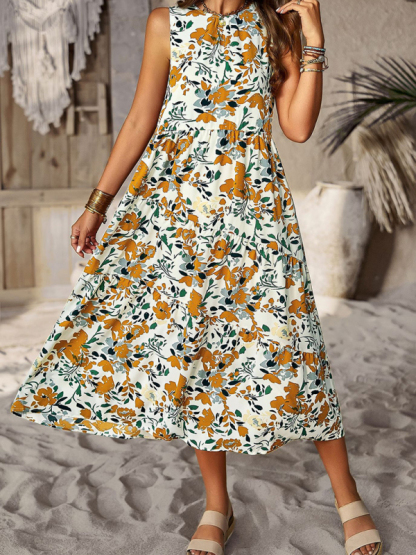 Spring and summer halter neck loose holiday multi-layer print dress-chiquechics