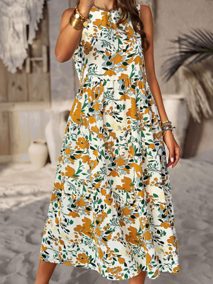 Spring and summer halter neck loose holiday multi-layer print dress-chiquechics