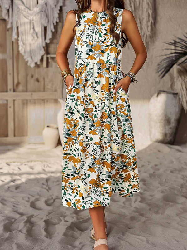 Spring and summer halter neck loose holiday multi-layer print dress-chiquechics