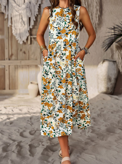 Spring and summer halter neck loose holiday multi-layer print dress-chiquechics