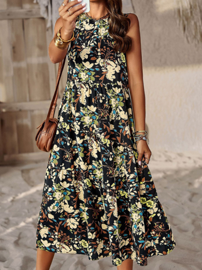 Spring and summer halter neck loose holiday multi-layer print dress-chiquechics