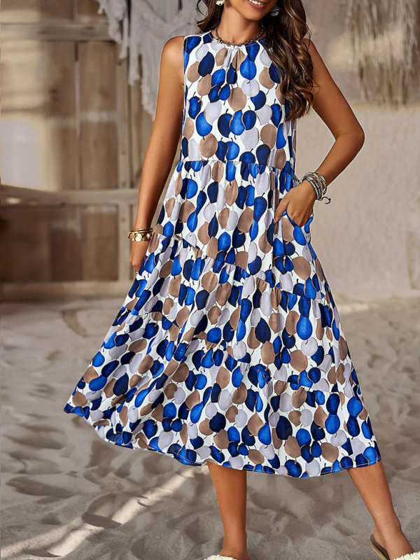 Spring and summer halter neck loose holiday multi-layer print dress-chiquechics