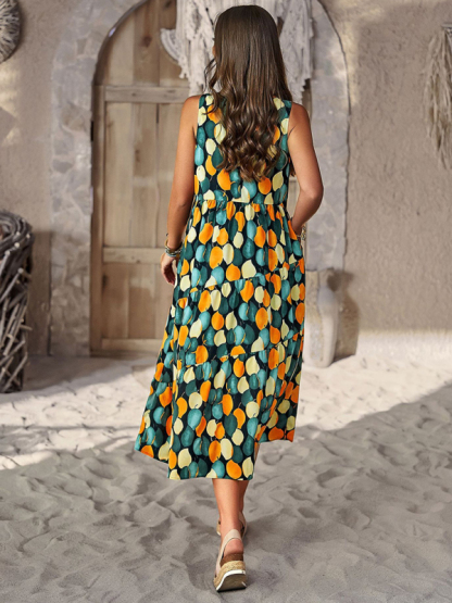 Spring and summer halter neck loose holiday multi-layer print dress-chiquechics