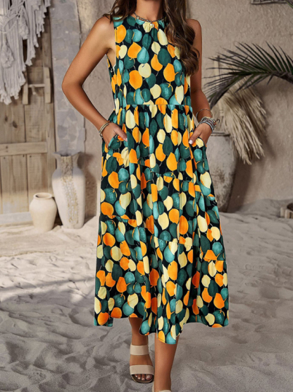 Spring and summer halter neck loose holiday multi-layer print dress-chiquechics