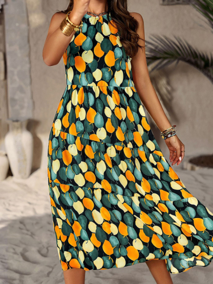 Spring and summer halter neck loose holiday multi-layer print dress-chiquechics