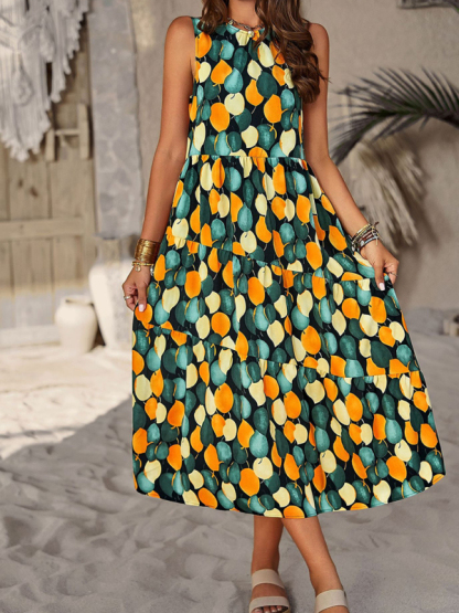Spring and summer halter neck loose holiday multi-layer print dress-chiquechics
