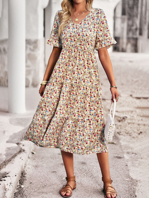 Elegant V-neck short-sleeved holiday dress-chiquechics