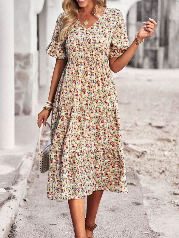 Elegant V-neck short-sleeved holiday dress-chiquechics