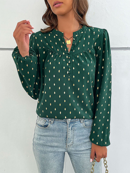 New Fashion Long Sleeve V Open Collar Bronzing Shirt-chiquechics
