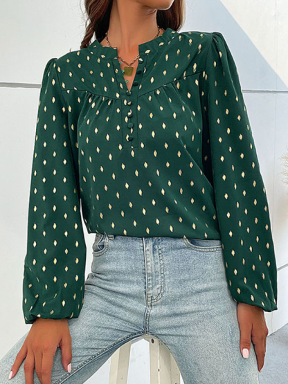 New Fashion Long Sleeve V Open Collar Bronzing Shirt-chiquechics