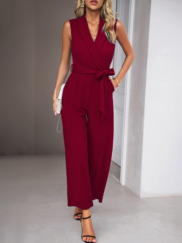 New women's elegant V-neck tie commuter sleeveless jumpsuit-chiquechics