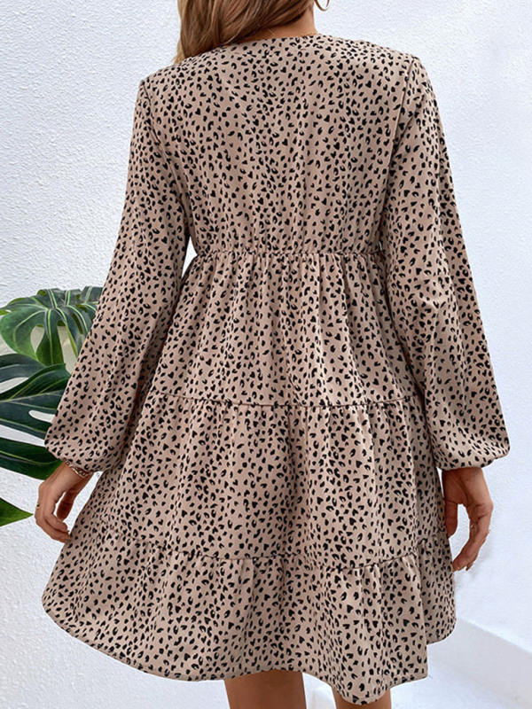 Pleated leopard-print puff-sleeved long-sleeved layered skirt dress-chiquechics