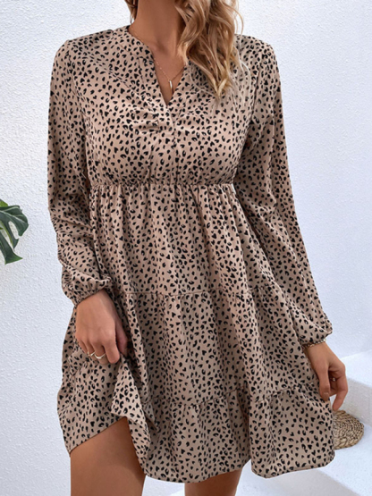 Pleated leopard-print puff-sleeved long-sleeved layered skirt dress-chiquechics