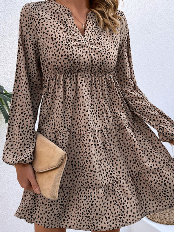 Pleated leopard-print puff-sleeved long-sleeved layered skirt dress-chiquechics