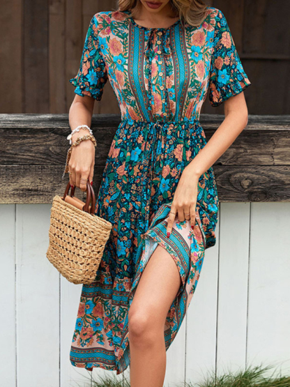 Bohemian Resort Print Button Tie Dress-chiquechics