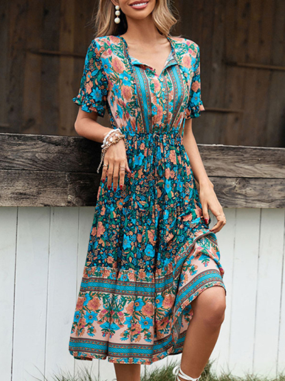 Bohemian Resort Print Button Tie Dress-chiquechics