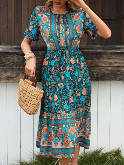 Bohemian Resort Print Button Tie Dress-chiquechics