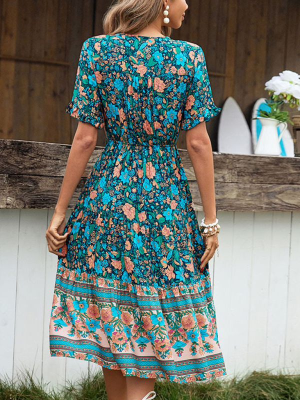 Bohemian Resort Print Button Tie Dress-chiquechics