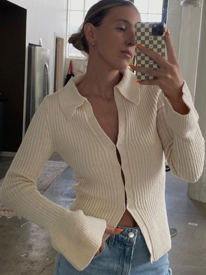 Long-sleeved top bell sleeve bottoming casual street sweater cardigan-chiquechics