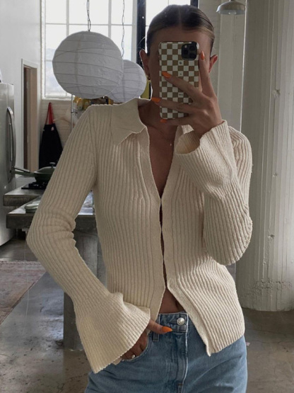 Long-sleeved top bell sleeve bottoming casual street sweater cardigan-chiquechics