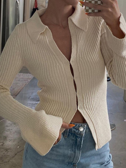 Long-sleeved top bell sleeve bottoming casual street sweater cardigan-chiquechics