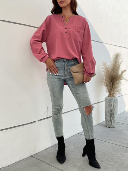 New Ladies Casual Long Sleeve Solid Color Shirt-chiquechics