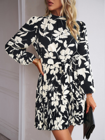 Vacation casual long-sleeved round neck pleated dress-chiquechics