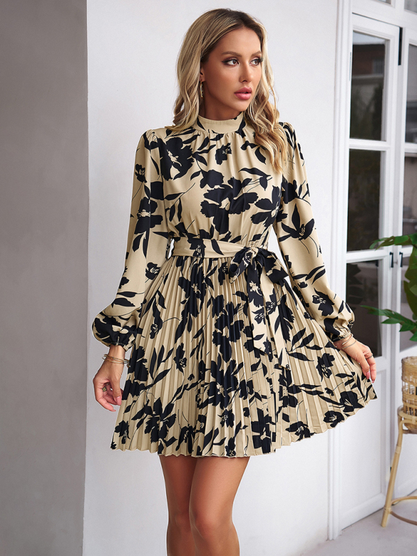 Vacation casual long-sleeved round neck pleated dress-chiquechics