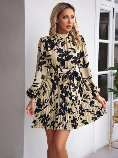 Vacation casual long-sleeved round neck pleated dress-chiquechics