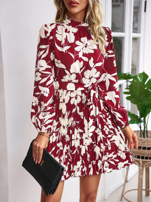 Vacation casual long-sleeved round neck pleated dress-chiquechics