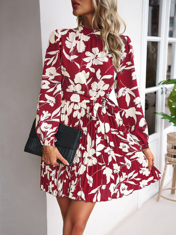 Vacation casual long-sleeved round neck pleated dress-chiquechics