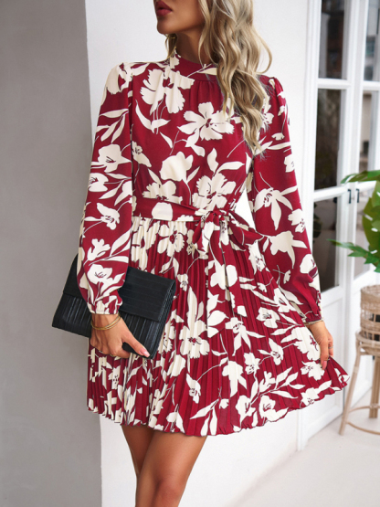 Vacation casual long-sleeved round neck pleated dress-chiquechics