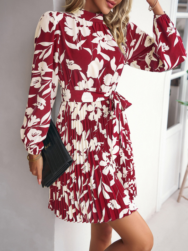 Vacation casual long-sleeved round neck pleated dress-chiquechics