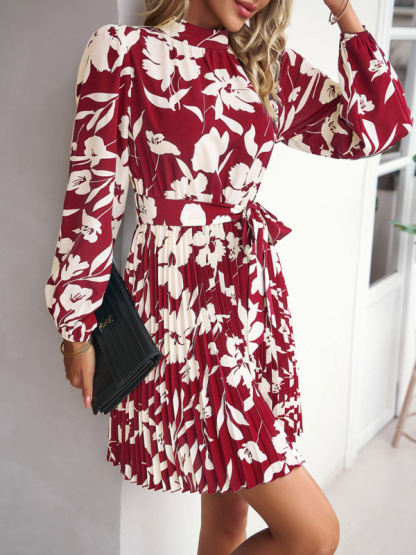 Vacation casual long-sleeved round neck pleated dress-chiquechics