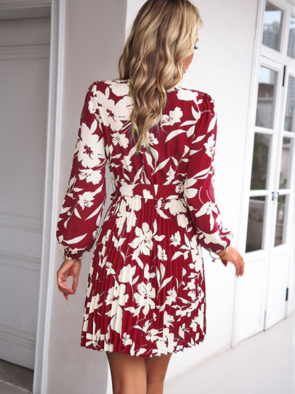 Vacation casual long-sleeved round neck pleated dress-chiquechics