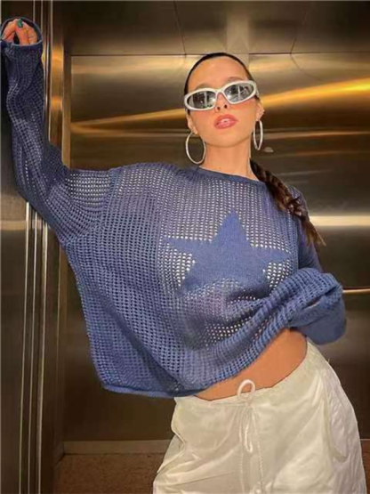 Fashion hollow jacquard five-pointed star long-sleeved sweater-chiquechics