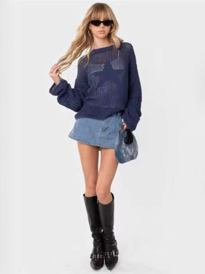 Fashion hollow jacquard five-pointed star long-sleeved sweater-chiquechics