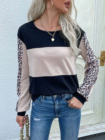 New Fashion Loose Casual Top Leopard Stitching Long Sleeve T-Shirt-chiquechics