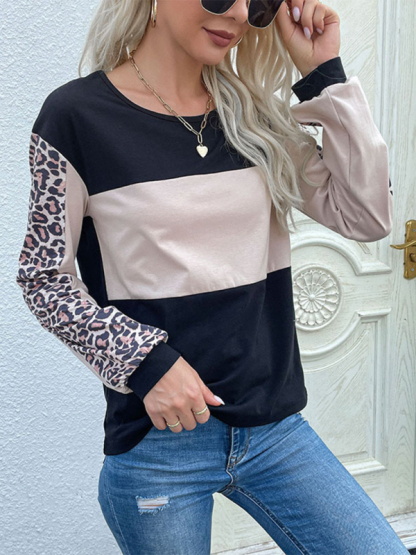 New Fashion Loose Casual Top Leopard Stitching Long Sleeve T-Shirt-chiquechics