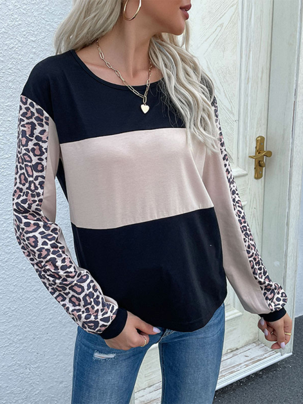 New Fashion Loose Casual Top Leopard Stitching Long Sleeve T-Shirt-chiquechics